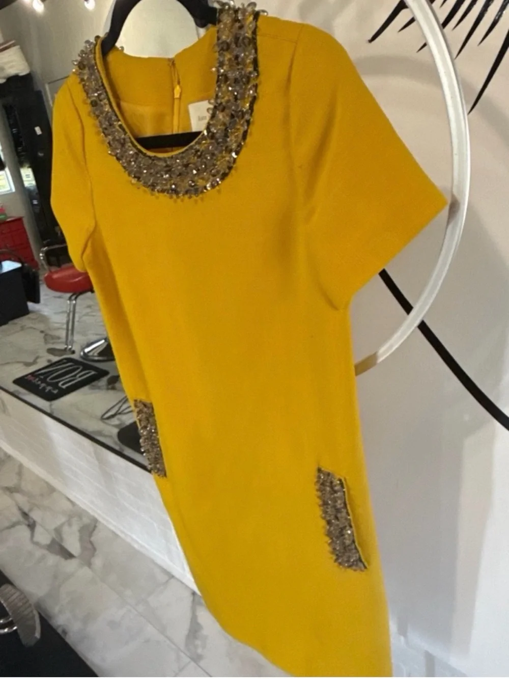 ♠️ EUC Kate Spade Gail Dress with Crystal-Beaded Collar Aspen Yellow Size 2